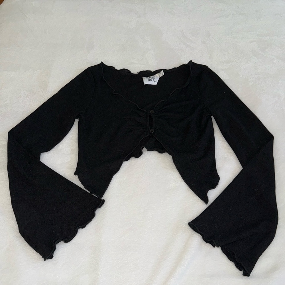 Princess Polly black ribbed cropped long sleeve flared sleeved top US size 4